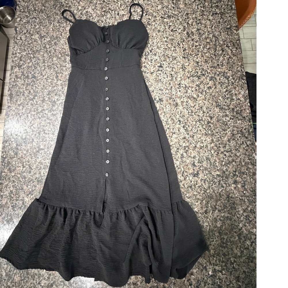 No Boundaries Black Button Front Midi Dress XXS 00 Smocked Ruffle Hem Sweetheart